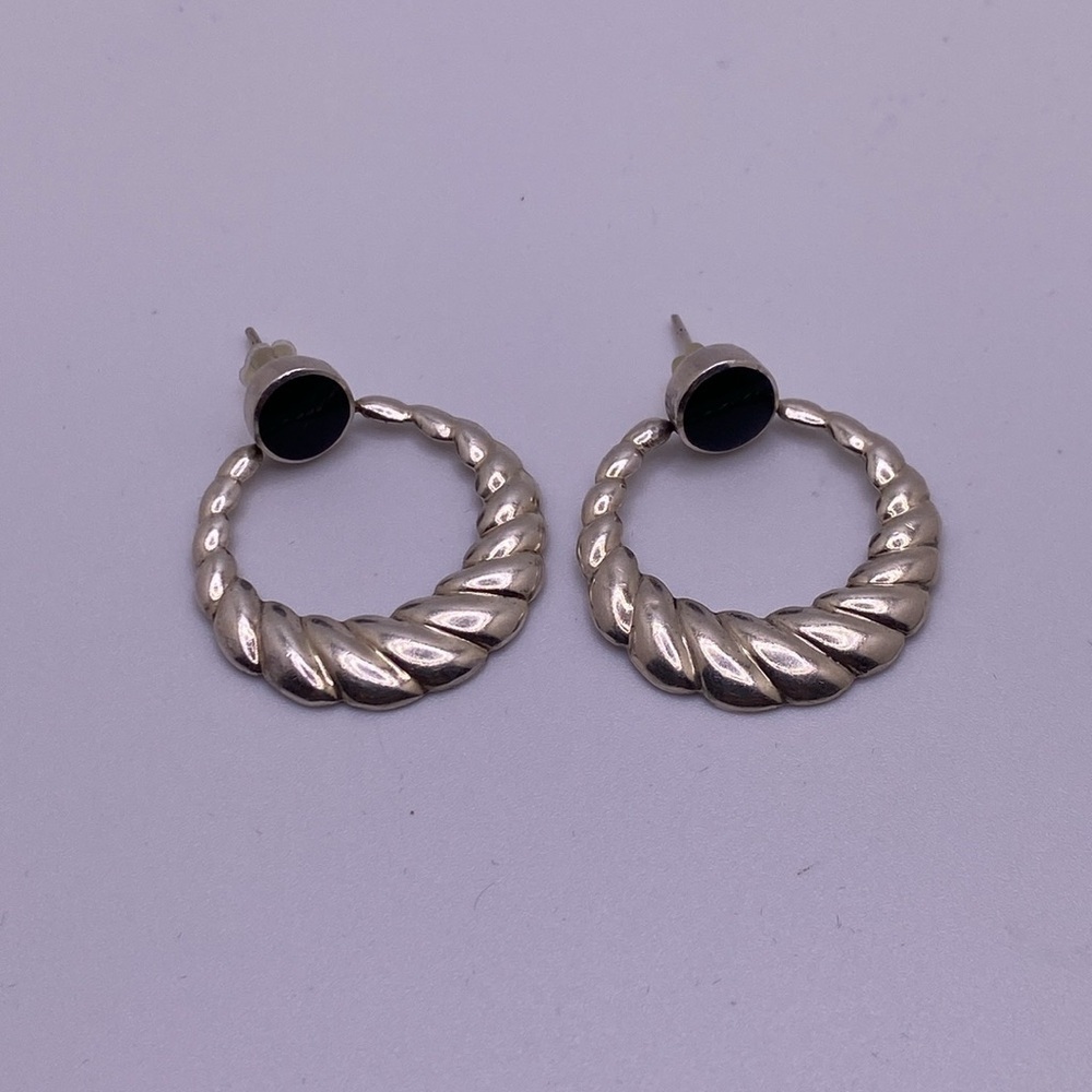 VTG 925 Sterling Silver and Onyx Signed ND Norwegian Puffy dangle Earrings - Picture 3 of 5